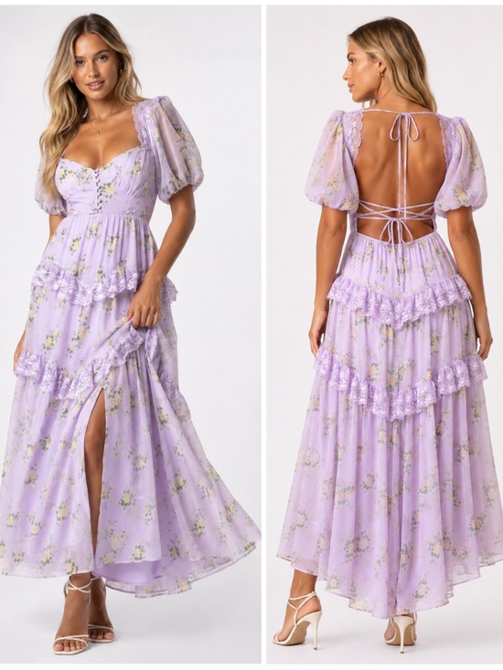 ASOS Dresses & Skirts - ASOS DESIGN Open Back Lace Insert Midi‎ Tea Dress in Lilac Ditsy Floral US 6